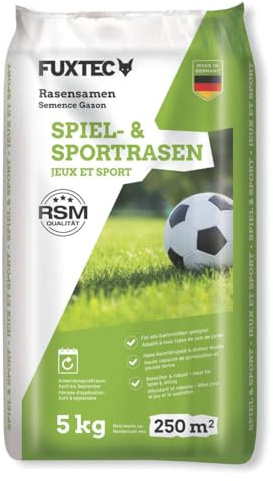 FUXTEC FX-RSSP5 - Semi per prato da giardino robusti per semina nuova e post-semina, elevata capacità di germinazione, crescita densa, portata e resistente ai calci, 5 kg per circa 250 m²