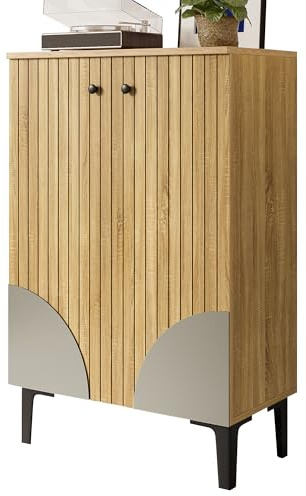 Zapatero De Madera Con MDF Y Tablero De Partículas, Zapatero Compacto Con Puertas Y Baldas, Mueble Organizador Con Estructura Metálica Negra, Adecuado Para Recibidor Y Salón,Natural, 60.32.94 cm
