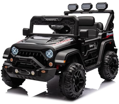 Elbil för barn 12 V - 2,4 G fjärrkontroll, LED-lampor, trådlös, säkerhetsbälte, dubbelmotor, för 3–8 år, svart