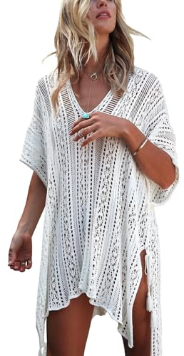 Fjquamitix Women's Boho Crochet Beach Cover Up Dress – Soft V-Neck Short Sleeve Swimsuit Cover Up with Tassel Tie, Flowy Lightweight Beachwear for Pool & Holiday, One Size Fits Most