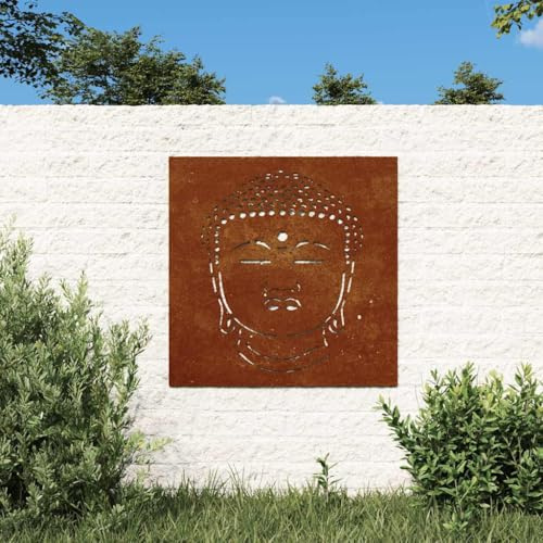 Ordellia Garten Wanddeko 55 x 55 cm Cortenstahl Buddha Kopf rostige Metalloptik mit rückseitigen Befestigungslöchern für Zaun und Gartendekoration