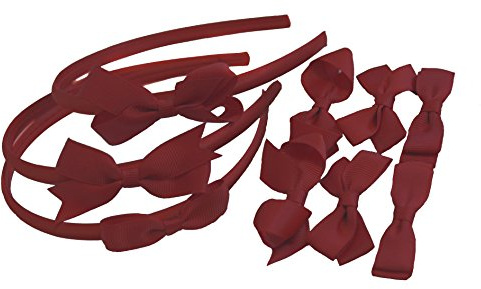 Set pannband 3 par skolrosetter flickor litet hår grosgrain band klämmor hårtillbehör uniform Vinröd