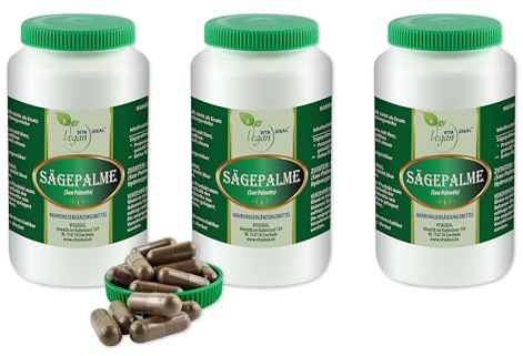 VITA IDEAL Vegan® SÄGEPALME 3x 360 KAPSELN - Saw Palmetto -Tagesportion 1100mg Säge - Palme reines Pulver. Pflanzlich, natürlich und ohne Zusatzstoffe