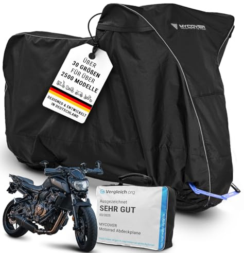 MYCOVER bâche Moto Premium Faite Main - 30 Tailles pour Plus de 2500 modèles - 100% ajustée, étanche, résistante à l'hiver & extrêmement résistante à la déchirure - Taille M+ (L215xB95xH130)