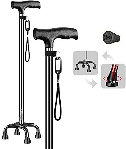 HYHMJ-Bastón De 4 Patas Con Amplio Fundamentar - Ajustable Altura 4 Patas Fundamentar Muleta Equipado Correa De Muñeca Portátil Apoyo Unisexe Ayuda A La Estabilidad,Negro