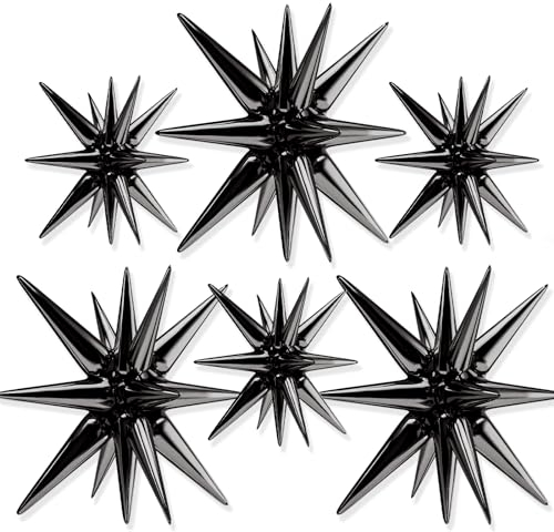 PartyWoo Palloncini a forma di stella, 6 pezzi, 14 punte esplosione stelle con nastro, grandi palloncini in Mylar per compleanno nero, decorazioni per la pensione (68 e 55 cm)