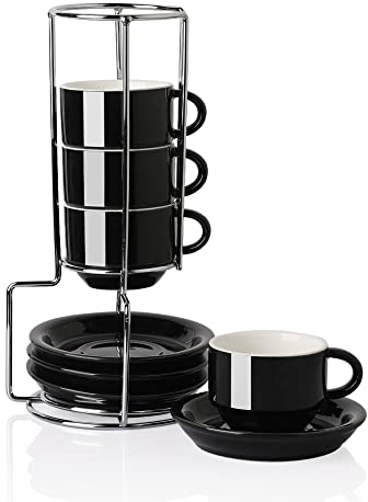 Sweejar Espressotassen aus Porzellan mit Untertassen, 70,9 ml, stapelbare Cappuccinotassen mit Metallständer für Kaffee, Getränke, Latte, Tee, 4er-Set (schwarz)