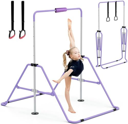 GYMMAGE Gymnastics Bars with Bar Pad, Junior Training Kip Bar Gymnastics Equipment for Home Garden, Adjustable Height Gymnastic Folding Horizontal Bar with Rings & Bar Pad for Kid Boys Girls