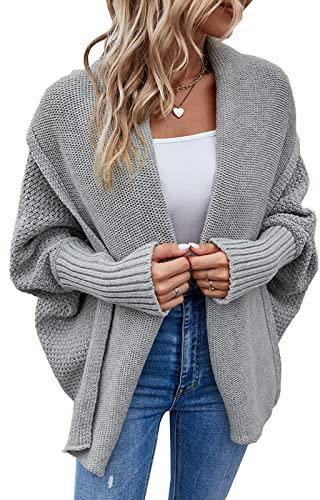 Bichingda Kimono a pipistrello da donna con cavo lavorato a maglia Slouchy Oversize Wrap Cardigan maglione cappotto Outwear UK, Grigio, S