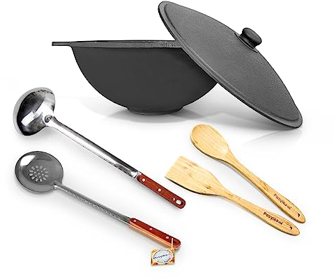 Hierro fundido Uzbeko Kazan 3,5 L con tapa de aluminio, cubierta espumadera cuchara espátula WOK Plov плов казан Kazan horno de fuego Plov cucharón