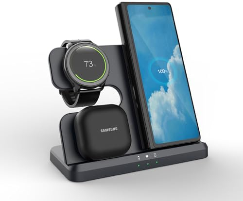 OneCut Induktive Ladestation 3 in 1, Kabelloses Ladegerät für Samsung Galaxy S24 S23 S22 S21+ S20 FE S10 S9 Note 20 Z Filp Fold 5 4 3, Galaxy Watch 6/5 Pro/4/3/Active 2, Galaxy Buds 2/Pro/Live