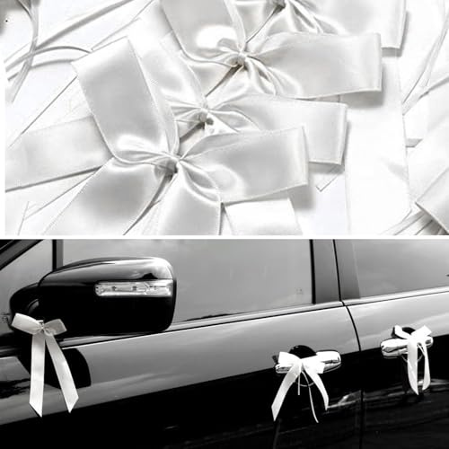 50 Fiocchi Auto Matrimonio Fatto a Mano Nastro di Raso per Antenna Fiocchi Facili da Legare alla Macchina - Bianco 25x12cm