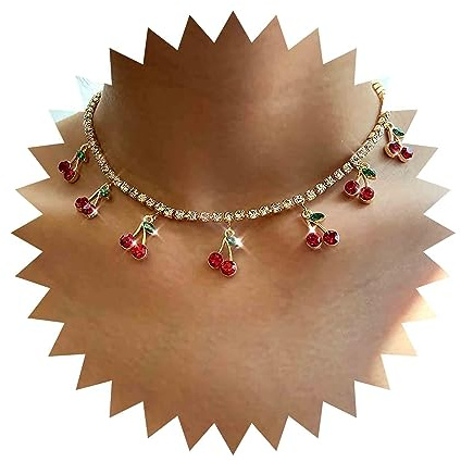 Cimenexe Böhmischen Rubin Kirsche Choker Halskette Gold Cz Tennis Kette Halskette Rot Kristall Kirsche Anhänger Halskette Kleine Strass Kirsche Baumeln Halskette Schmuck Für Frauen Und Mädchen