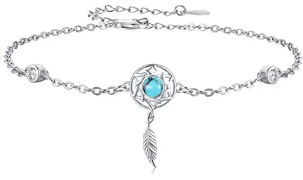 Pulsera de atrapasueños de plata de ley con atrapasueños, turquesa y piedra lunar para mujeres y niñas, pulseras de atrapasueños, pulseras de plumas y cadena de eslabones ajustables, pulseras de