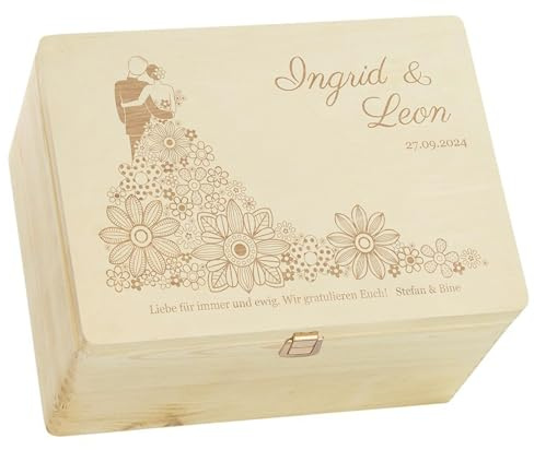 LAUBLUST Holzkiste zur Hochzeit - Personalisierte Hochzeitskiste Erinnerung - Blumenkleid | Geschenkkiste Personalisiert mit Gravur - FSC® (Natur mit Verschluss, ca. 40 x 30 x 24 cm | XL)