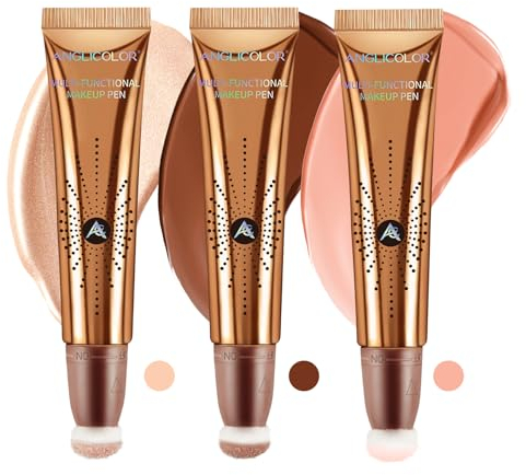 Angicolour 3PCS Cream Bronzer, Lightweight Contour Stick, Blends Well, Liquid Blush, Contour, Highlighter, Long Lasting, Smooth, Waterproof, Vegan & Cruelty-free (01+02+05, 36ml)