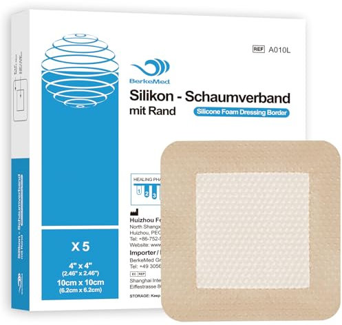 BerkeMed Silikonschaumverband, Wasserdichter Wundverband, Verbandgröße 10 cm x 10cm (6.2 cm x 6.2 cm Wundkissen), für leicht exsudierende Wunden, Dekubitus, Verbrennungen, Blasen, 5 Stück