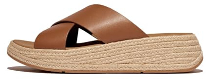 Fitflop dam F-mode läder/kork platt korsrutschkana platt sandal, Djup solbränna, 40 EU
