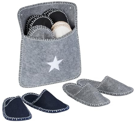 Relaxdays Gästehausschuhe 6 Paar, Hausschuhe Set mit Tasche, Größen 36-45, Filzpantoffeln, Antirutsch-Sohle, Mehrfarbig