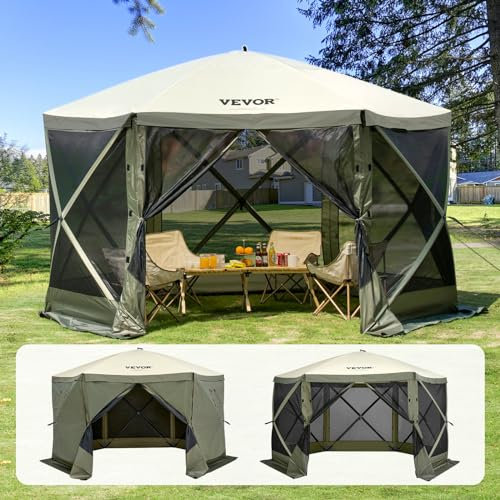 VEVOR Pop-Up-Pavillonzelt, Pop-Up-Zelt mit 6-seitigem Baldachin, Sonnenschutz mit 6 abnehmbaren Sichtschutz-Windtüchern und Netzfenstern, 12 x 12 Fuß, Schnellaufbau-Zelt mit Moskitonetz, Armeegrün