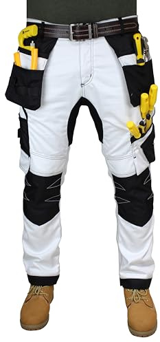 HASHOOB TRADING FZE Men’s Painter Work Trousers White Workwear Cargo Trousers Heavy Duty Multi Pocket Painters Decorators Work Trousers (WH1, 32W X 32L)