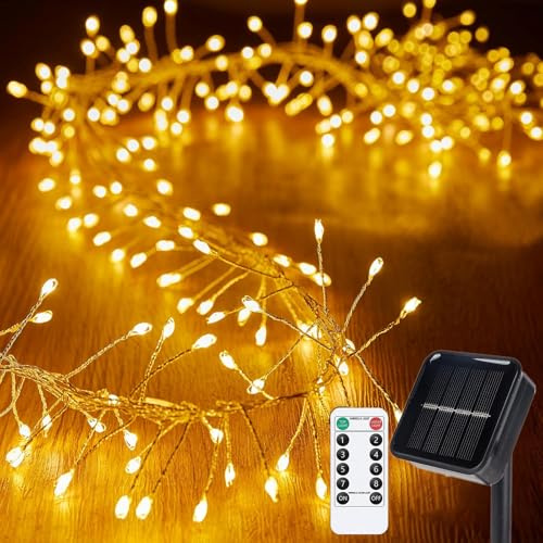 SUAVER Solar Lichterkette Aussen, Wasserdicht Kupferdraht Cluster Lichter Solar Feuerwerk Lichterkette mit Timer Fernbedienung für DIY Balkon Weihnachten Hochzeit Party Décor (Warmweiß, 6m 200LED)