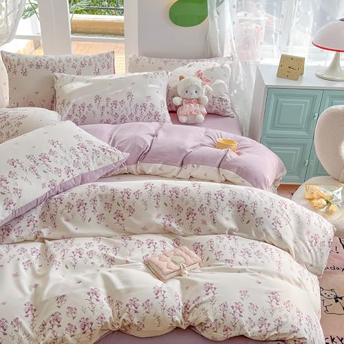 Covebett Juego de ropa de cama de 135 x 200 cm, diseño de flores de lavanda, color lila y blanco, diseño botánico, reversible, diseño de corazones, flores, funda nórdica con cremallera y funda de