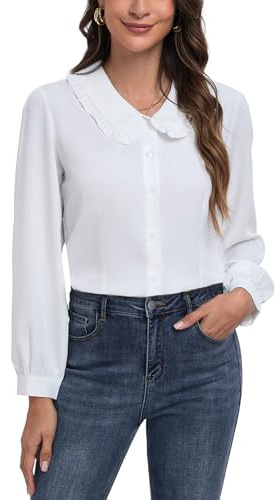 MINTLIMIT Women's Peter Pan Collar Shirt Long Sleeve Button Down Shirts Casual Work Vintage Blouses, White