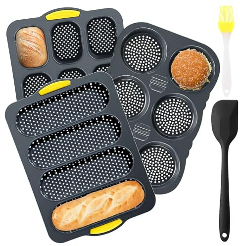 Set of 5 Silicone Baguette Pan, NonStick French Bread Baking Tray, 4, 6 and 9 Grid Hamburger Bun Mold Set with Spatula Brush, Bun Pans Set for Baking Homemade Baguette Bread Sandwich Loaf (Grey)