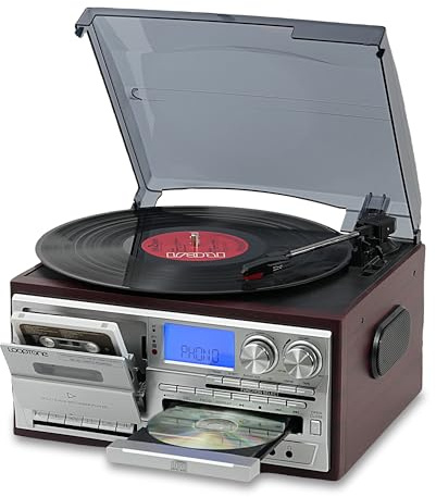 LoopTone Vinyl Record Player 10 in 1 3 Speeds Bluetooth Vintage Record Player CD Cassette Player AM/FM Radio USB Recorder Aux-In RCA Line-Out (Red-Silver)