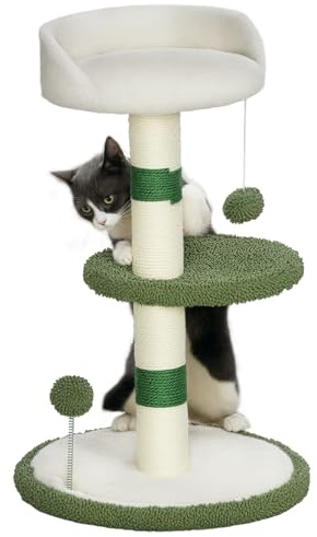 PawHut Kratzbaum Klein Kletterbaum, 64 cm Sisal- Katzenkratzbaum, Runder Katzenbaum mit Liegefläche, Spielball, Katzenmöbel für Katzen bis zu 4 kg, Weiß, Grün