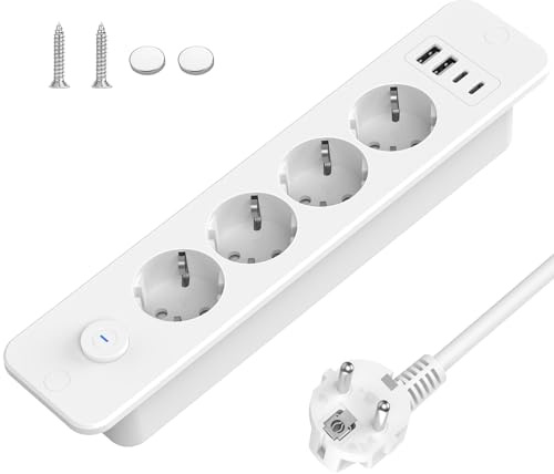 Doxuanai Försänkt uttag 4-vägs infällt grenuttag med 4 USB, flera uttag, grenuttag med 2 USB C (5 V, 3,4 A), bordsskiva försänkt uttag - 2 m kabel - vit