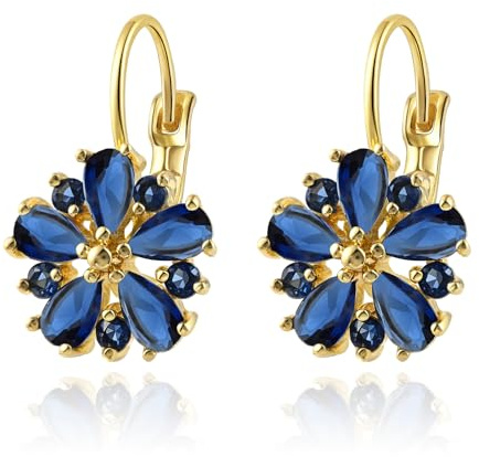 Vintage 14K Gold Plated Flower Sapphire Earrings - Hypoallergenic Leverback Floral Earrings, Trendy Jewelry for Women