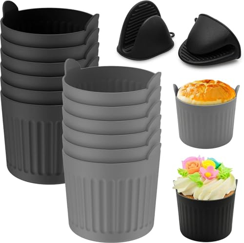 Heißluftfritteuse Auflaufförmchen, 12 Stück Wiederverwendbare Muffinform Backformen, BPA-frei Muffinform Silikon mit 1 Ofenhandschuhen, Silikon Muffinförmchen für Kuchen und Pudding(Grau &Schwarz)