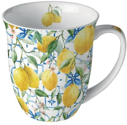 Ambiente kopp 10 cm porslin med citronmotiv – 0,4 l keramisk kopp porslinskål – kaffekopp tekopp kakaokopp – sommarservis koppar och muggar – porslinsmugg medelhavet gul vit