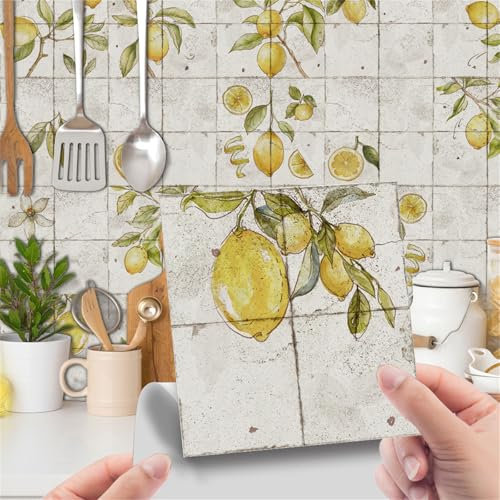 DOTBUY-SHOP Adesivi Piastrelle per Cucina Bagno, Motivo Limone Foglia Verde 3D Sticker Piastrelle Impermeabile 24 Pezzi Adesivi Parete Autoadesivo Sticker Parete (Limone giallo,10x10cm)