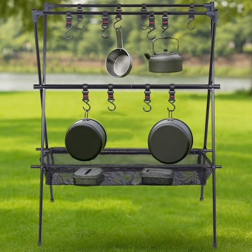 CROWNSHOP Camping Cookware Hanging Rack Pot Pan Racks Cookware Hang Racks Folding Camping Tools Hanging Organizer With Hook Up for Outdoor