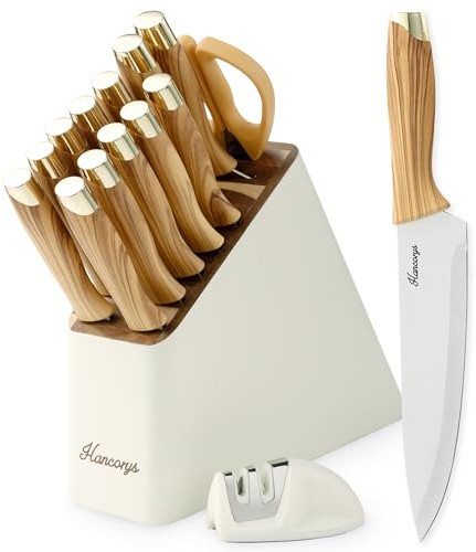 Hancorys Knife Block Set, Kitchen Knife Set with Sharpener, German Stainless Steel Gold Knives Set with Block and Ergonomic Wood Grain Handle, Ultra Sharp Cooking Knives