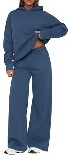 PRETTYGARDEN Womens Sweatsuits 2 Piece Set 2026 Casual Winter Long Sleeve Hoodie Loose Wide Leg Sweatpants Fall Tracksuit (Grey Blue,Small)