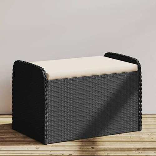 IKAYAA Banco de Jardín de Ratán Sintético con cojín Banco de Exterior con Caja de Almacenaje Baúl almacenaje para Patio Terraza Balcón 80 x 51 x 52 cm Negro