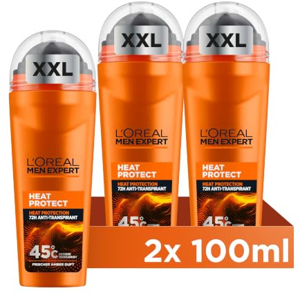 L'Oréal Men Expert XXL Deoroller für Männer, Deo Roll-On gegen Schweißgeruch, Schwitzen und Achselnässe, Herren Deodorant für hohe Temperaturen bis zu 45°C ohne Alkohol, Heat Protect, 1 x 100 ml