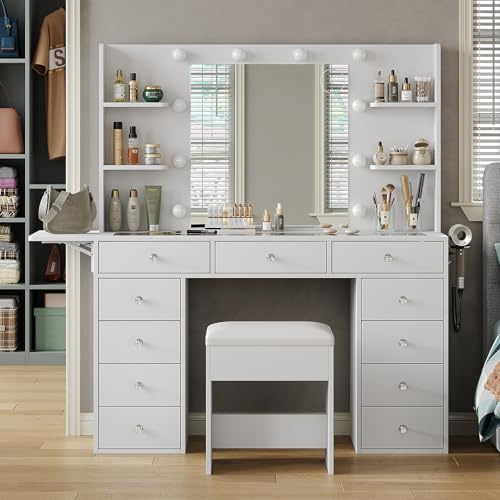 Yanosaku Coiffeuse avec Prise de Courant, Table de Maquillage à 11 tiroirs avec Miroir et 12 lumières LED, 3 Modes d'éclairage, Coiffeuse avec Panneau Rabattable, Chambre