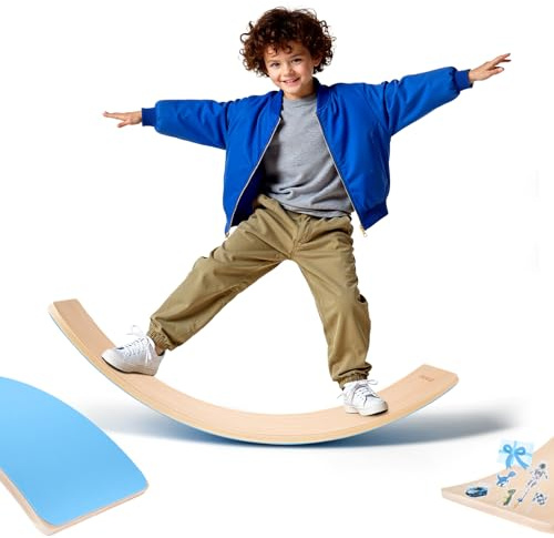 Balance Board, 35 Inch Natural Wooden Wobble Balancing Board, Rocker Board with Non Slip Felt Curvy Board Wood with Stickers