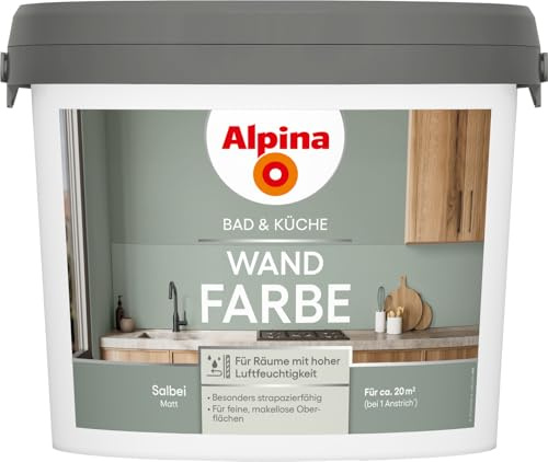 Alpina Bad & Küche Wandfarbe – matte Innenfarbe für Feuchträume, hohe Deckkraft & tropfgehemmt, streichfertige Wand- und Deckenfarbe für Bad & Küche – 2,5L (Salbei)