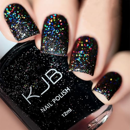 Black Glitter Nail Polish - Black Nail Varnish Quick Dry - Chip Resistant & Long Lasting Glitter Nail Varnish - Holographic Nail Polish for DIY Nail Art, No Need UV Lamp
