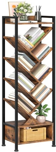 HOOBRO Tree Bookshelf with Storage, 9-Tier Floor Standing Shelf with Upper Shelf & Compartment, Tall CD/DVD/Book Organiser, for Living Room, Bedroom, Home Office, Rustic Brown and Black EBF28SJ01