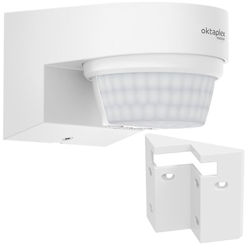 Oktaplex Eva sensore di movimento esterno bianco 14 m con staffa angolare | Sensore di movimento a infrarossi da 240° 14 m Sensore di movimento IP65 da superficie