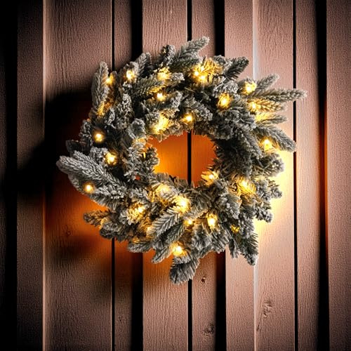 Corona de abeto con 35 LED para exterior, funciona con pilas, temporizador – 40 cm – Corona de Navidad blanca cálida iluminada con nieve decorativa – Corona de mesa corona de puerta corona para
