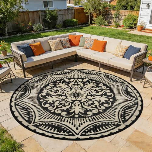 Capslpad Vattentät rund utomhusmatta ø240 cm omvänd trädgårdstapplotter rund boho plast halm cirkel matta bärbar RV campingmatta inomhus utomhus matta för bakgård trailer balkong picknick dekor