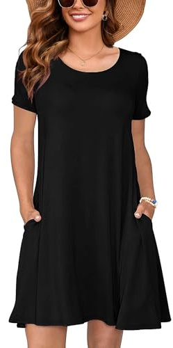 Heymoments Short Sleeve Summer Dress for Women, Black, Large | Women Summer Dress, Casual Loose Sundress, Swing Beach Dress, Crewneck Dresses with Pockets